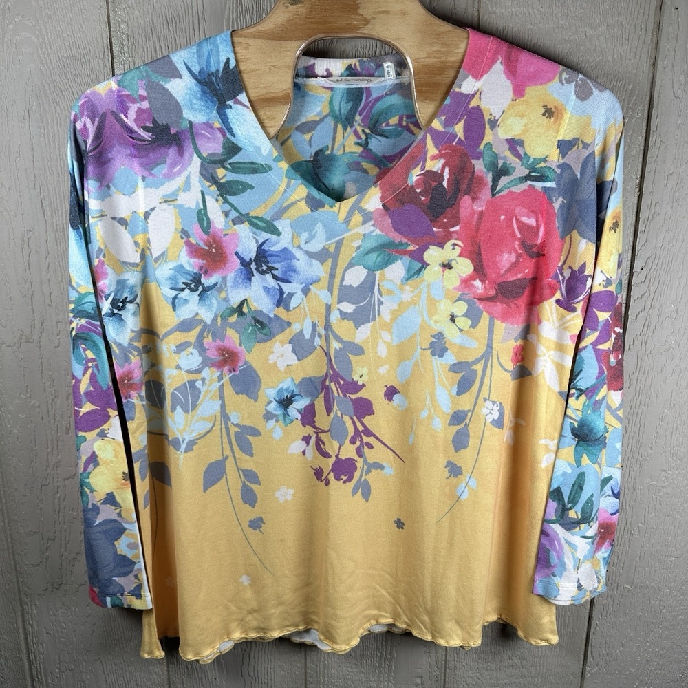 Soft Surroundings Tunic Top Size 2X Multicolor Floral V Neck Artsy Boho Stretch